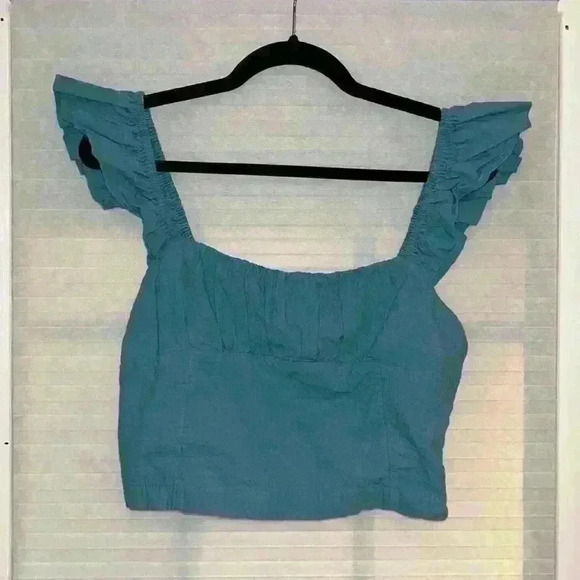 Free People Medium crop tank ruffle straps smocked back teal Spring Summer - Picture 1 of 6